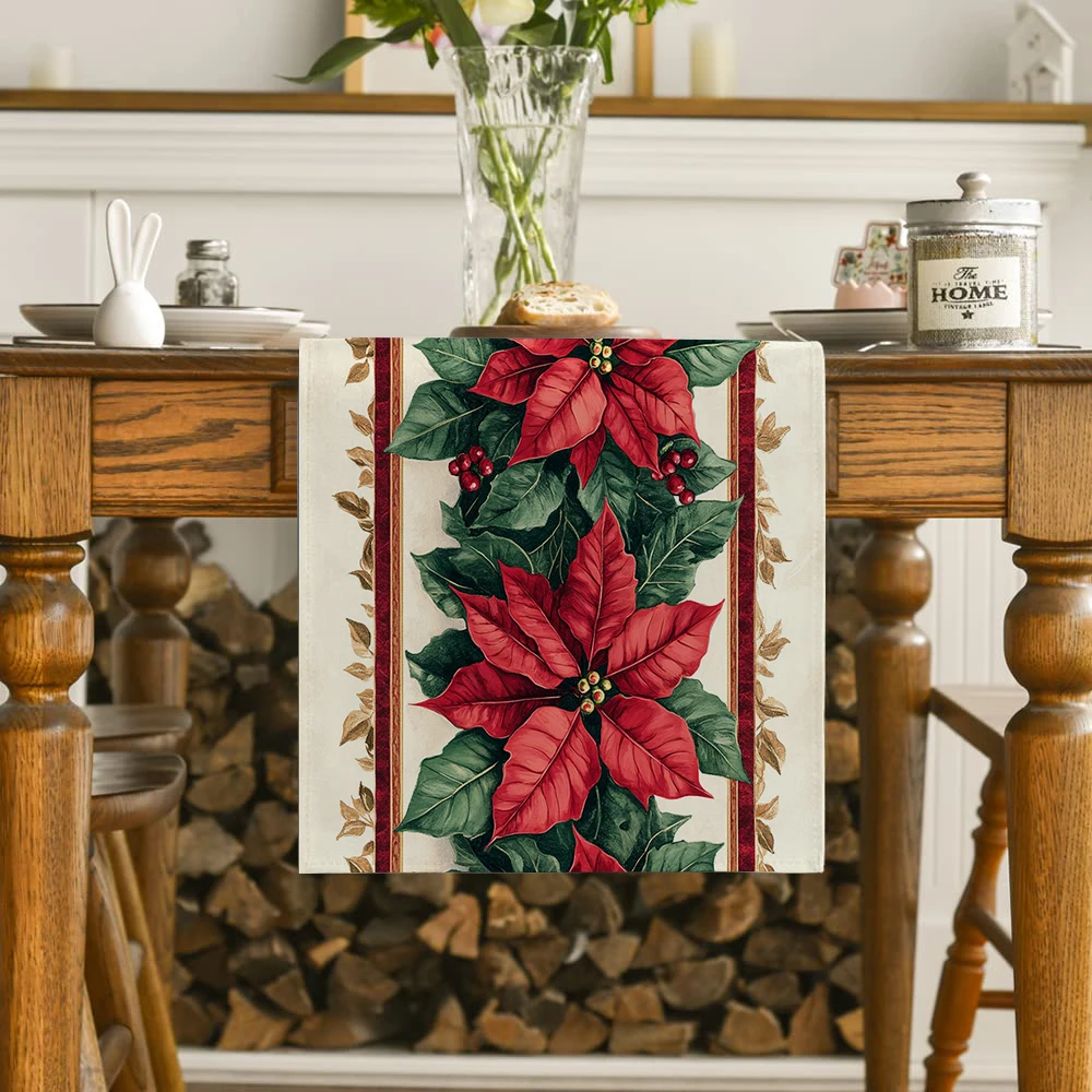 Фото Рождественские дорожки для стола с лентой Poinsettia Holly, декор для комода для кухни, праздничная вечеринка, дорожка для стола, моющаяся обеденная длинная ткань №2