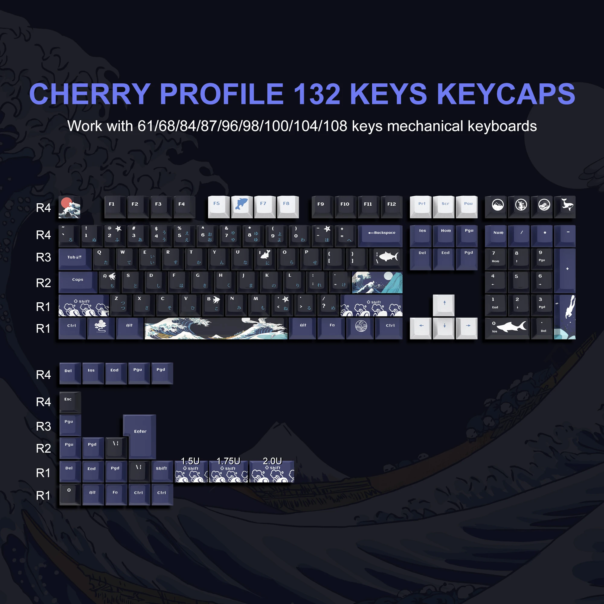 

132 Keys DYE-Sub Custom PBT Keycaps Cherry Profile Keycap Great Wave Japanese Keycap for Gateron MX Switches Mechanical Keyboard