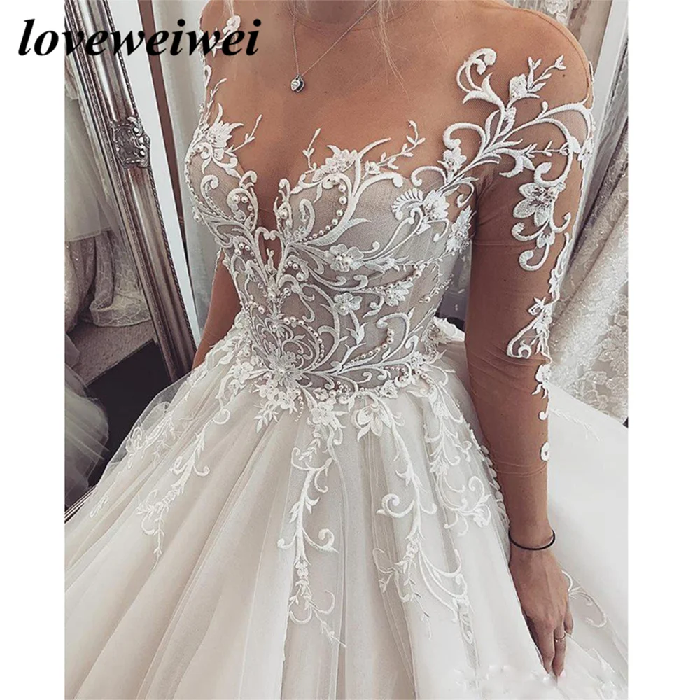 Фото Очаровательное кружевное свадебное платье Loveweiwei Robe De Mariee, прозрачное свадебное платье с длинными рукавами, индивидуальное изготовление, иллюзия, трапециевидные свадебные платья №2