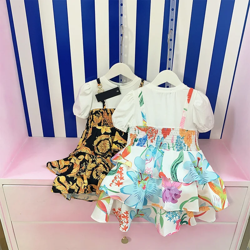 

Boutique Girls' dress summer 2022 new classic print designer children's clothing cotton short sleeve round neck girls' clothing