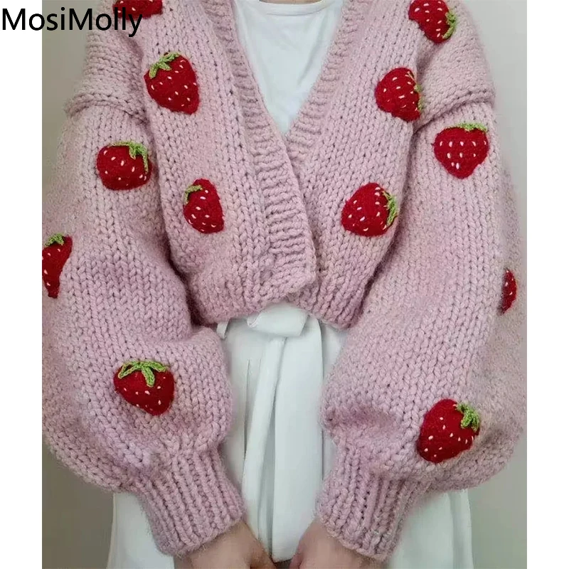 MosiMolly Pink Sweater Handmade Cardigan Sweater 2022 Women Cardigan Pretty Fruit Strawberry Sweater Knitting Cardigan
