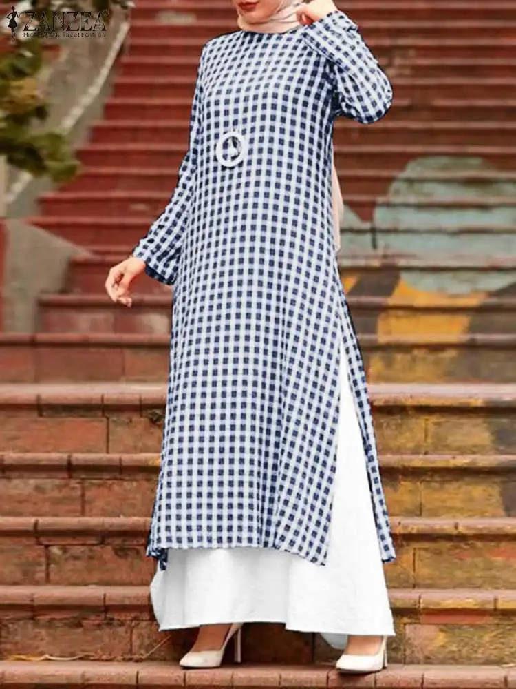ZANZEA Women Loose Muslim Sets 2PCS Grid Printed O-Neck Evening Gown Islamic Blouse Elastic Pockets Abayas Caftan Turkey Pant