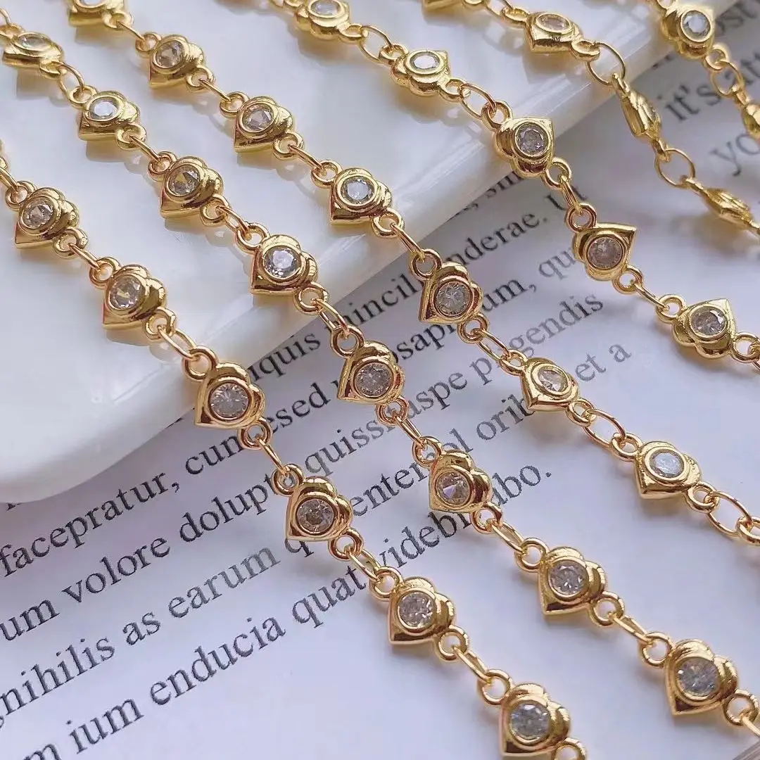 

5 Meters, Crystal Zircon Necklace Chain Heart Link Chains for DIY Jewelry Making Bulk Gold Findings
