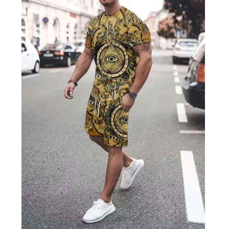 

New Summer Men's Two-piece T-shirt and Short Jogging Geometric Cool 3D Printing Loose Suit Shorts Fashion Sportswear Suit 2021
