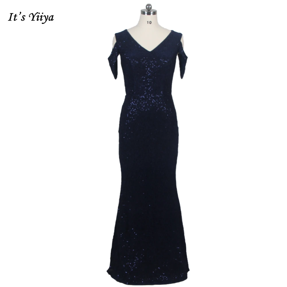 

It's YiiYa Mermaid Dress V-Neck Tank Short Sleeve Robe De Soiree K118 Floor-Length Backless Zipper Sequined Eveing Gowns