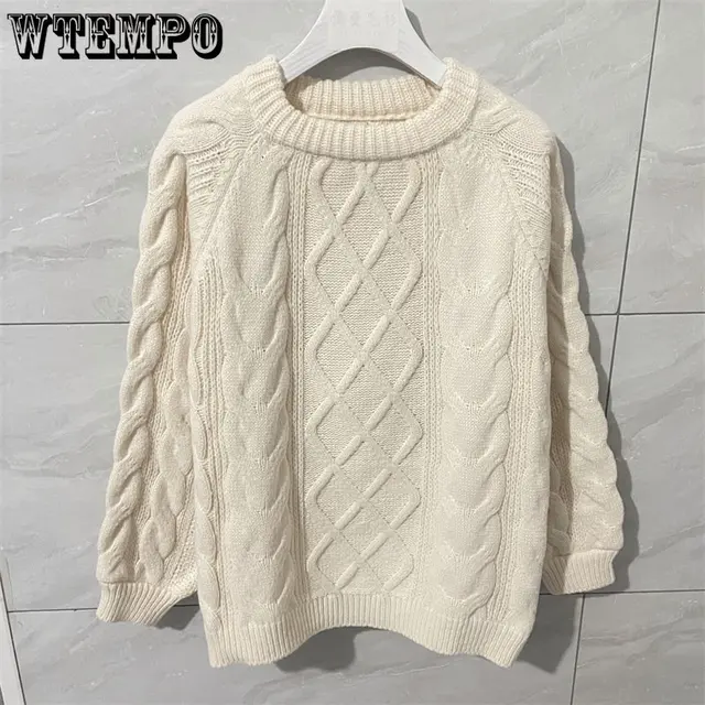 WTEMPO Long Sleeve Vintage Twist Knitted Sweater Women Purple Red Knitwear Loose Pullover Jumper Female Clothing Winter New 6