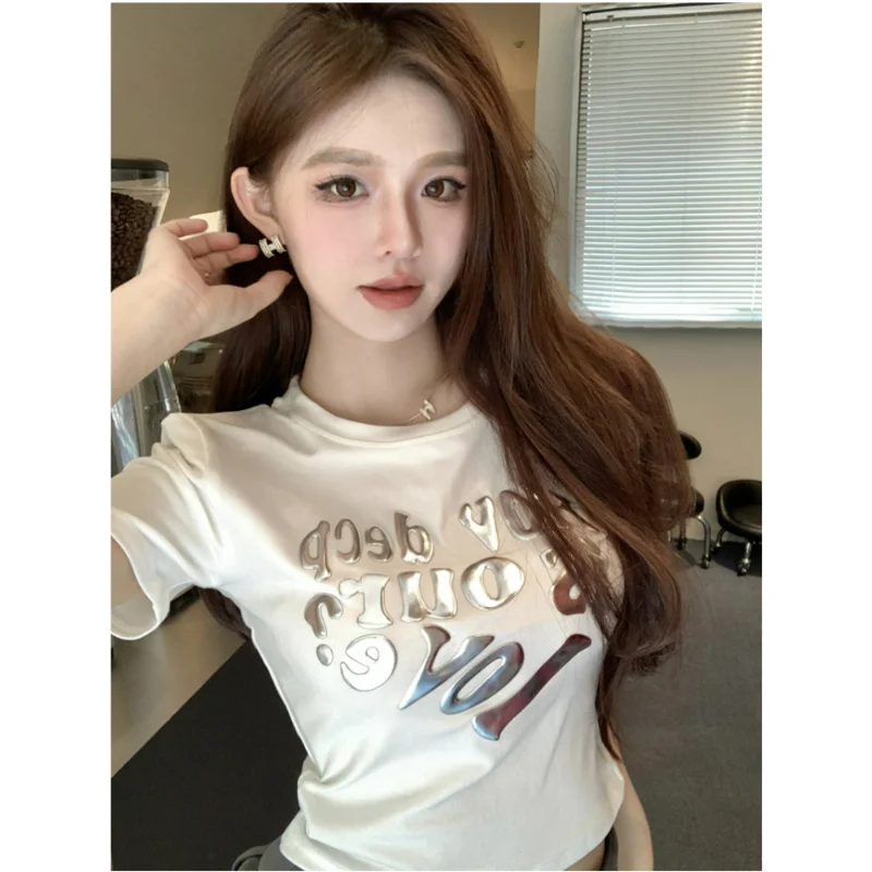 

YUQI Y2k Crop Tops High Street Harajuku T-shirt Elastic Letter Hot Label Short Sleeve Tees Streetwear Slim Fit Patchwork Tshirt