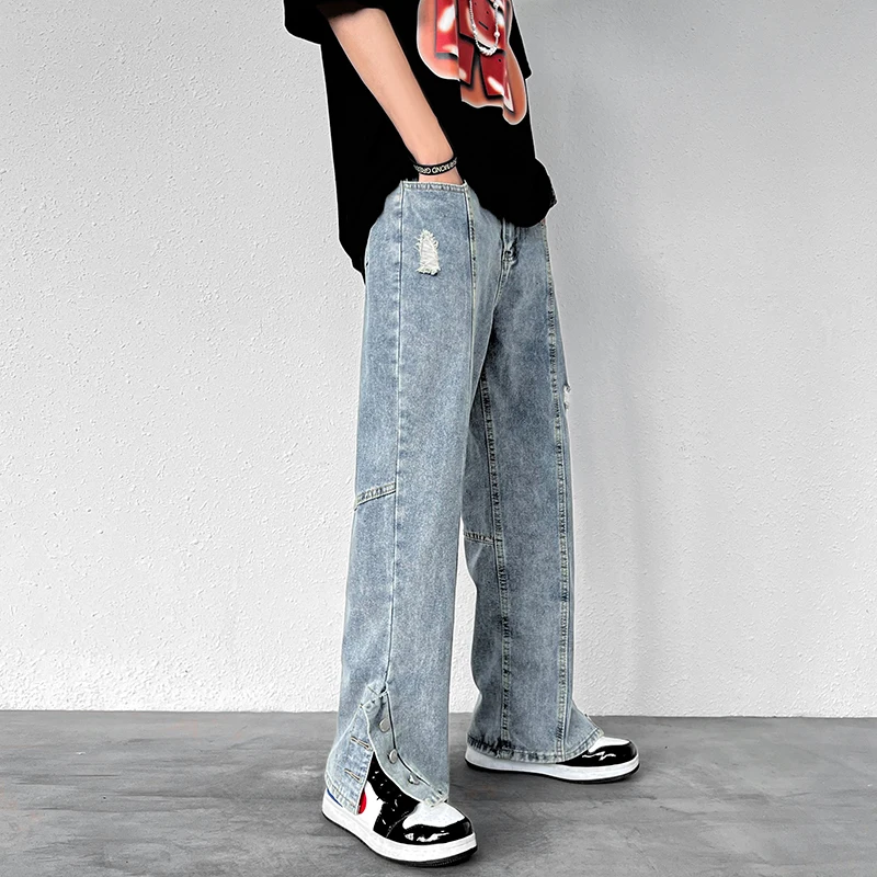 Men Jeans Retro Stitching Breasted Jeans Ripped Solid Color Straight Loose Jeans Korean Style Hip Hop Jeans Y2k Streetwear LOOSE
