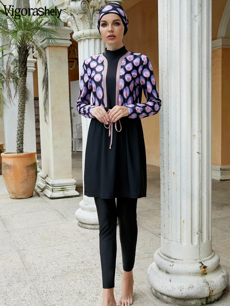 

Vigorashely Print Muslim Swimsuit Women 2022 Islamic Stretchy Beachwear Wading Summer Long Sleeves Burkinis Wear Bathing Suit