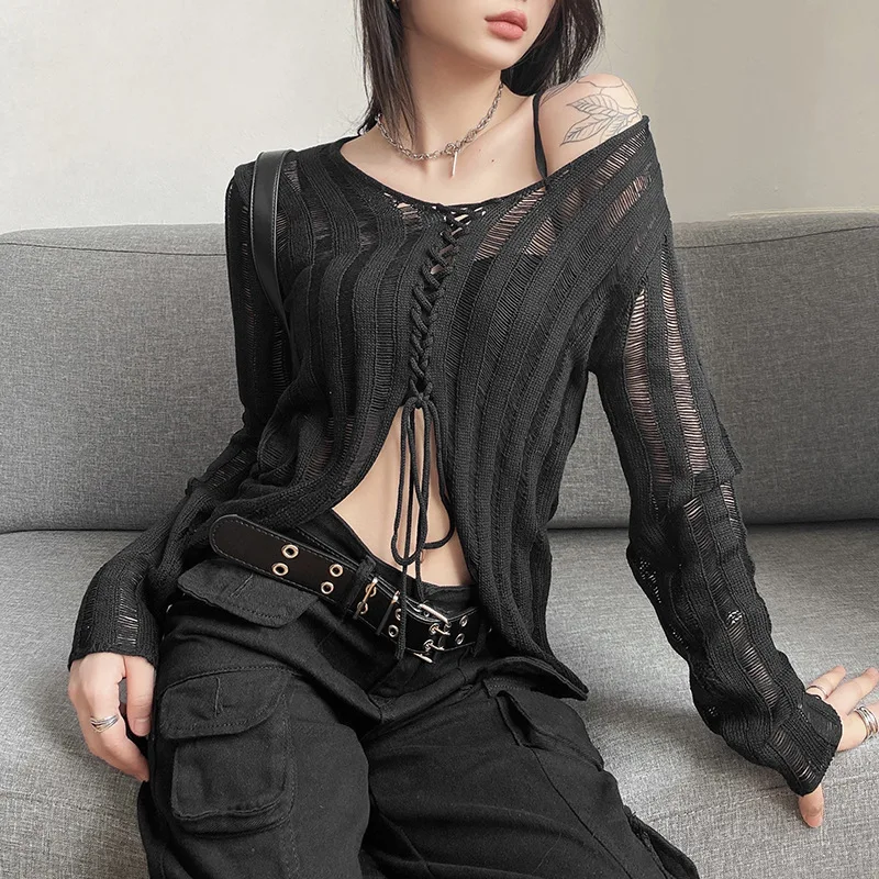 

Hotsweet Sweater for Women Long Sleeve Top Y2K V-Neck Streetwear Hollow Out Women Sexy Knitwear Sweater Tops Dropshipping