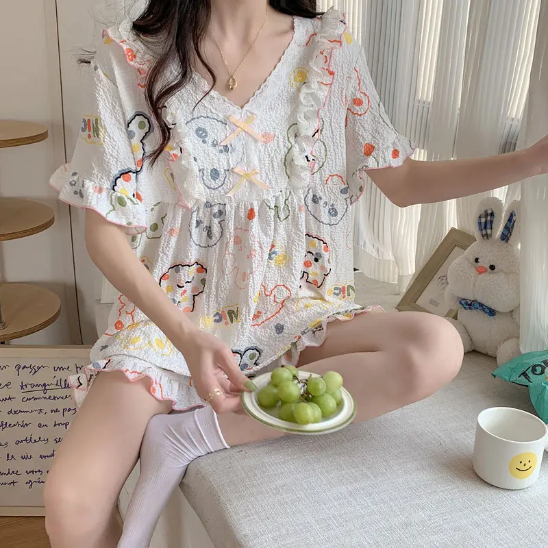 Women Summer Grid Cherry Bear Print Cartoon Kawaii Trendy Womens 2pcs Pyjamas Elegant Pajama Sets Turn-down Collar Short Sleeve