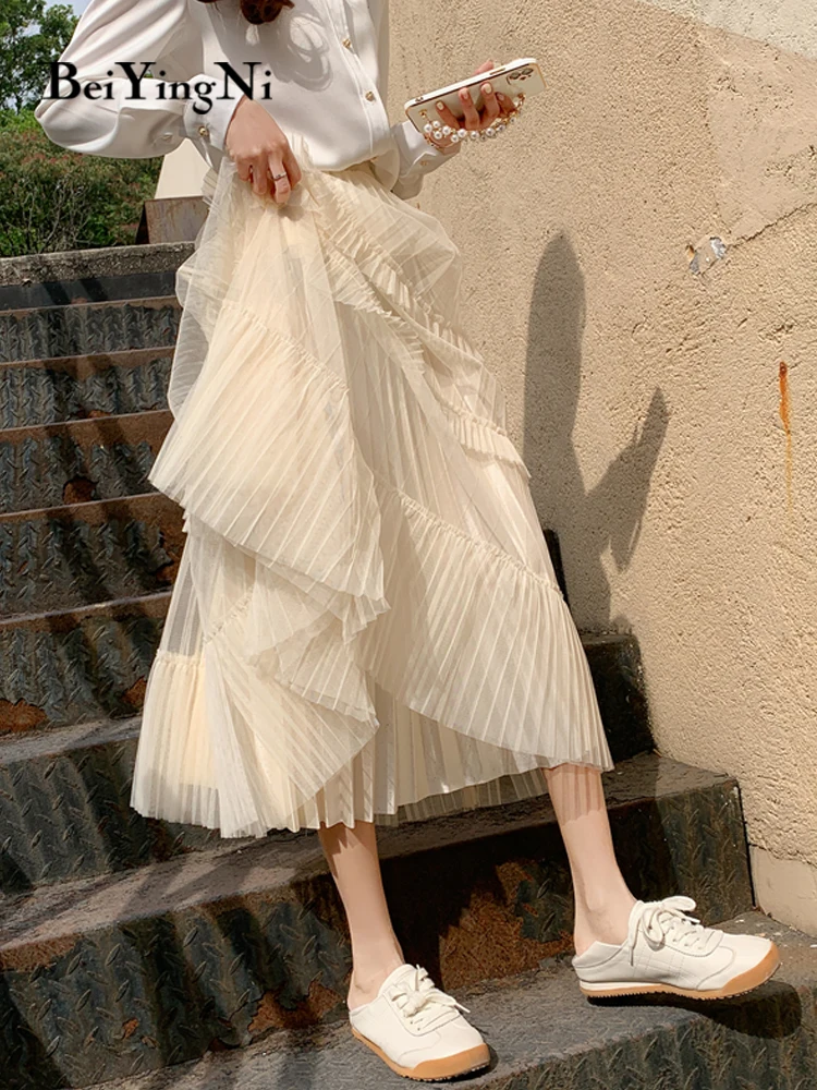 

Beiyingni летняя сетчатая длинная Плиссированная юбка, Женская Повседневная корейская мода, винтажная Лоскутная Тюлевая юбка миди, простые юбк...