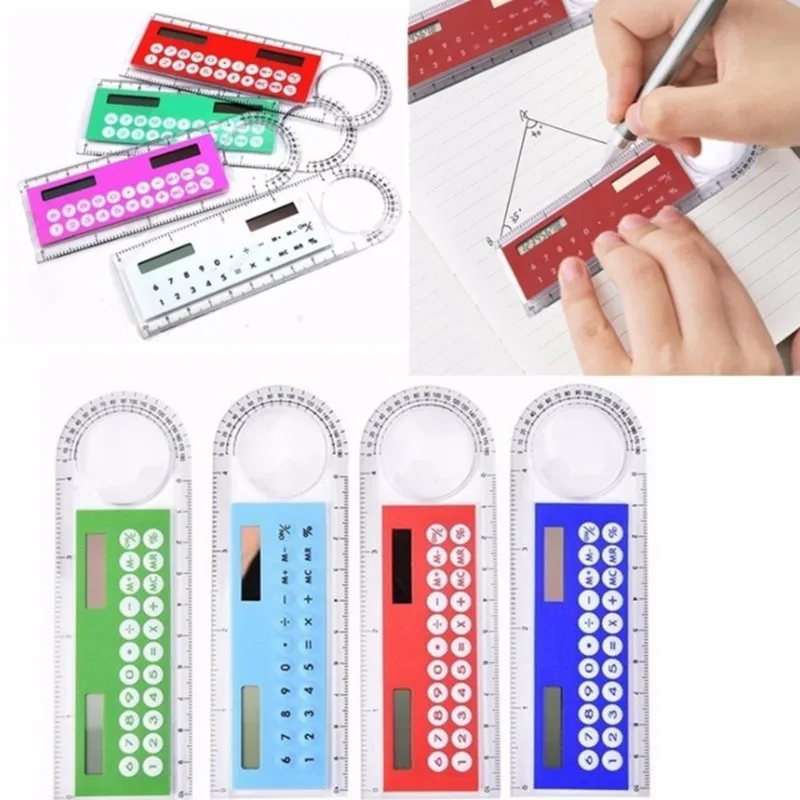 

New Multifunction Solar Mini 3 In 1 Rulers Calculator Magnifier Multifunction 10cm Ultra-thin Ruler Office Stationery Supplies