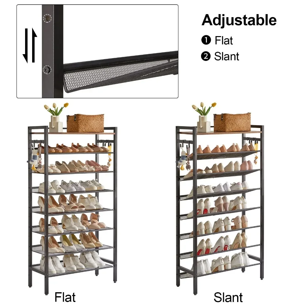 Новая 8-уровневая стойка для обуви полка с плоским и наклонным дизайном 4 крючками