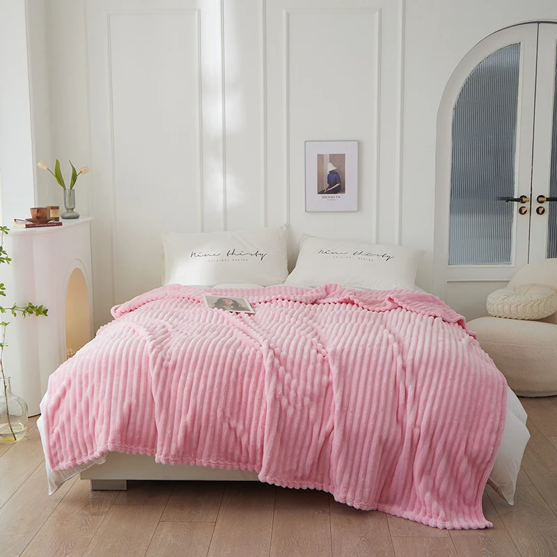 Одеяло однотонное в белую полоску мягкое флисовое покрывало для односпального