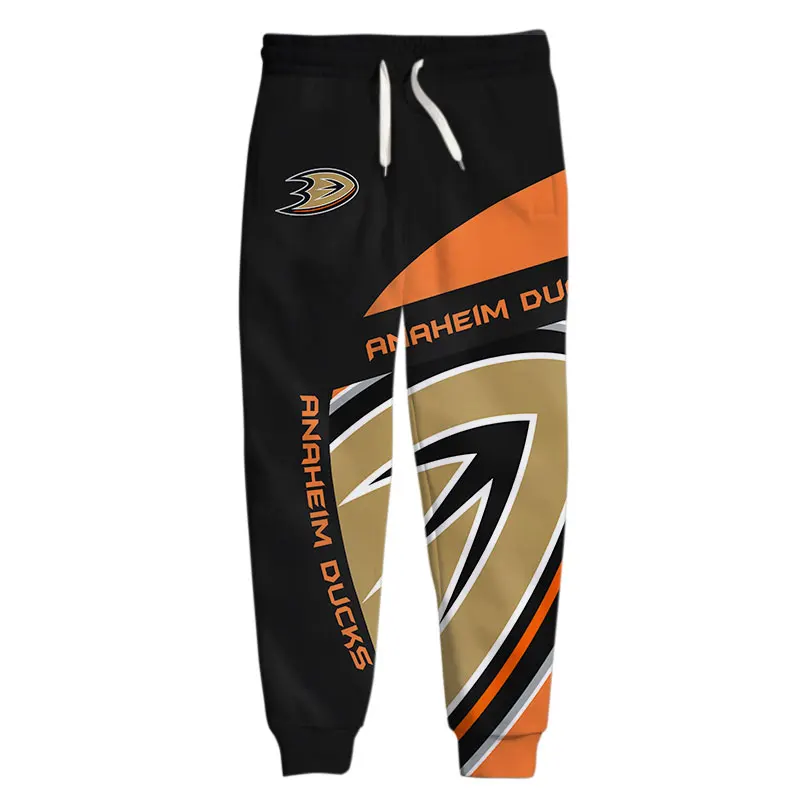 Anaheim calças casuais masculinas preto laranja costura arco e flecha impressão patos sweatpants