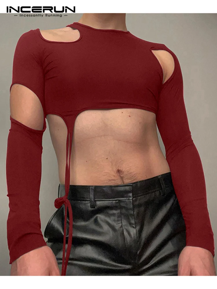 

Футболка INCERUN Мужская однотонная с круглым вырезом, модная уличная одежда с длинными рукавами, пикантная Повседневная рубашка на шнуровке, ...