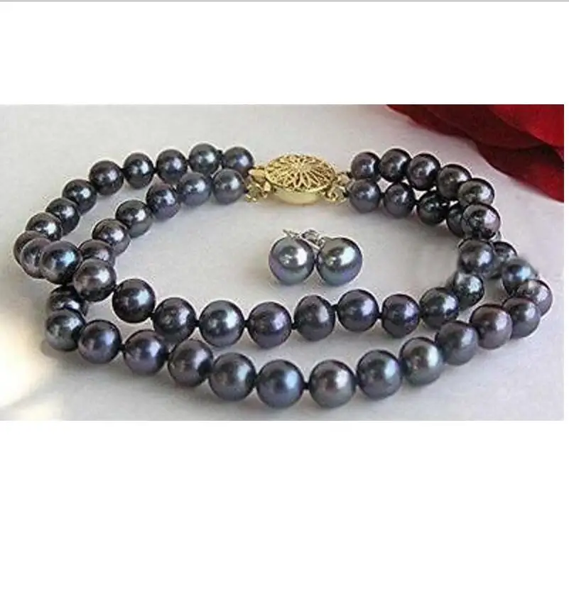 

new hot 2Row 7-7.5mm Black Akoya Cultured pearl bracelet 7.5inch + Earrings