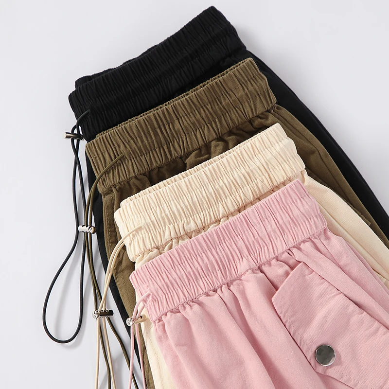 DFRCAEG 2023 Summer Wide Leg Cargo Shorts For Women High Elastic Waist Big Pockets Loose Half Length Pink Black Shorts Female