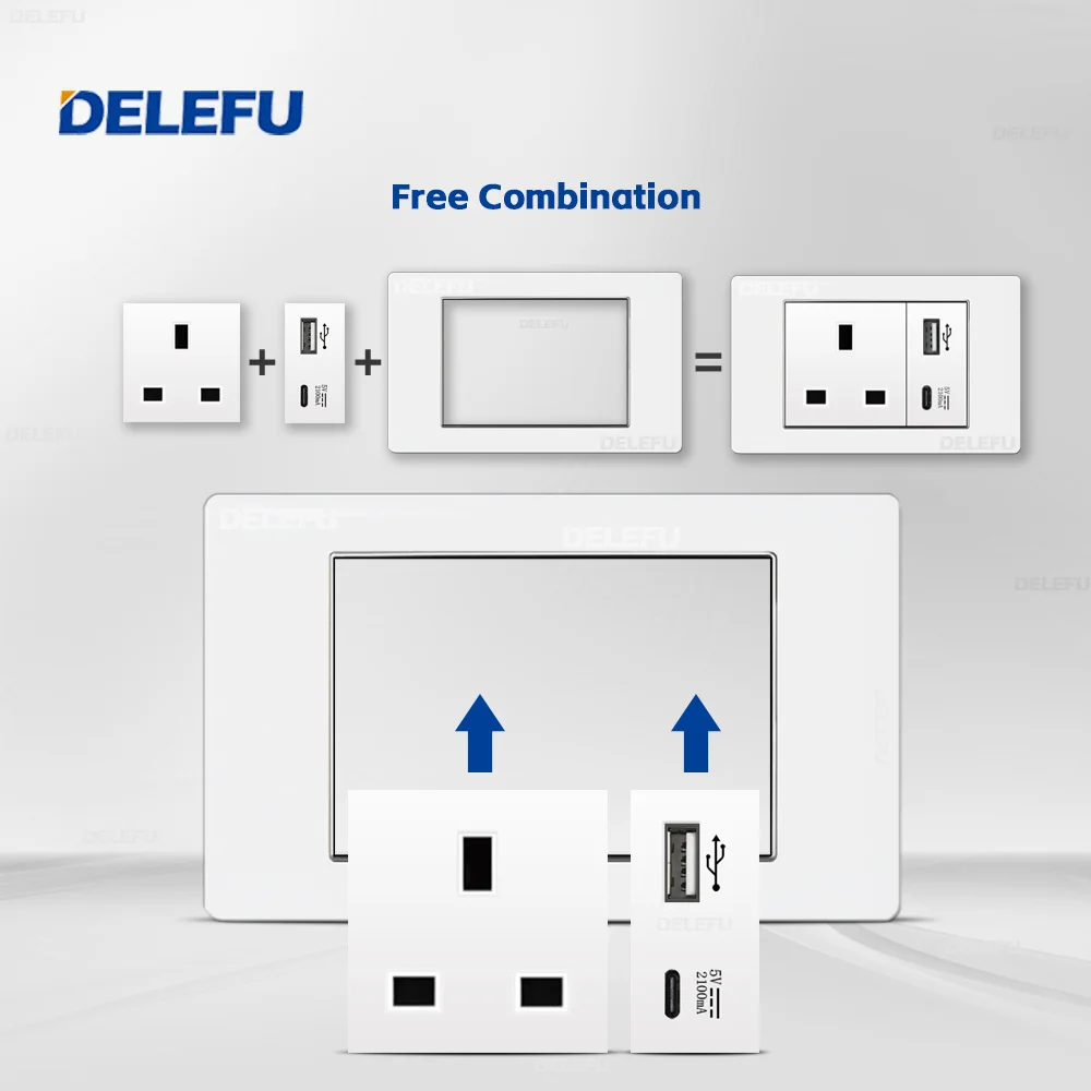 DELEFU UK Series 118x74 мм Настенная стандартная розетка импульсной мощности USB-C PC белая
