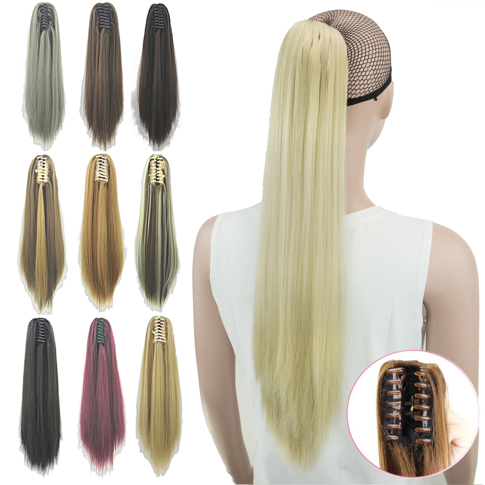 Soowee 15 Renk 55 cm Düz Klip Postiş saç ekleme Sarışın Gri Küçük Pony Tail Sentetik Saç Pençe At Kuyruğu