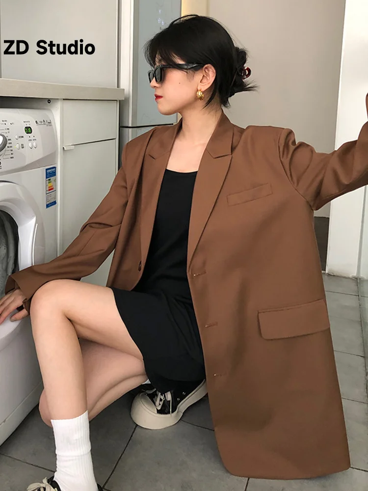 

[ZD Studio] Women Blown Pockets Long Size Long Blazer New Lapel Long Sleeve Loose Fit Jacket Fashion Spring Autumn 2023 1DF5527