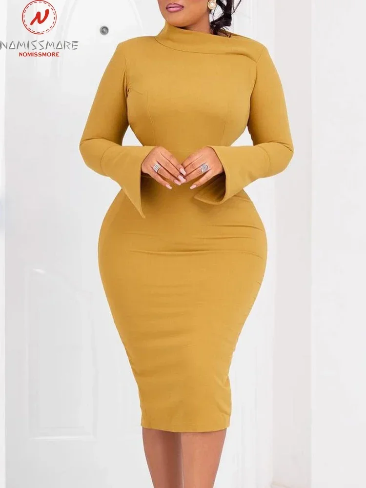 

Elegant Office Lady Solid Color Pencil Dress Irregular Design Zipper Decor Skew Collar Mid Waist Flare Sleeve Slim Hip Dress
