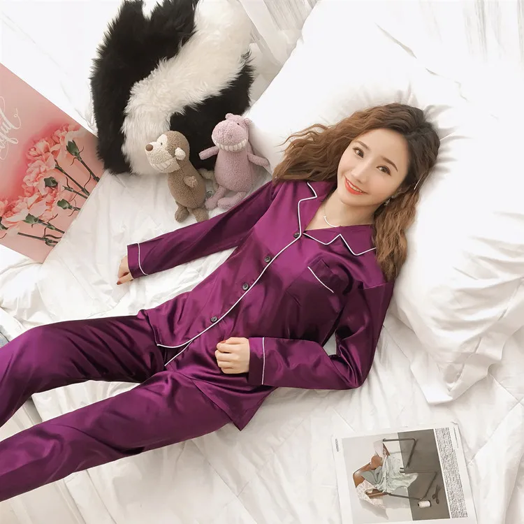 Satin Pajamas Female Women Summer Spring Autumn Long Sleeve Two Piece Suit Botton Solid Color Outdoor Home Clothes Sleep Wear