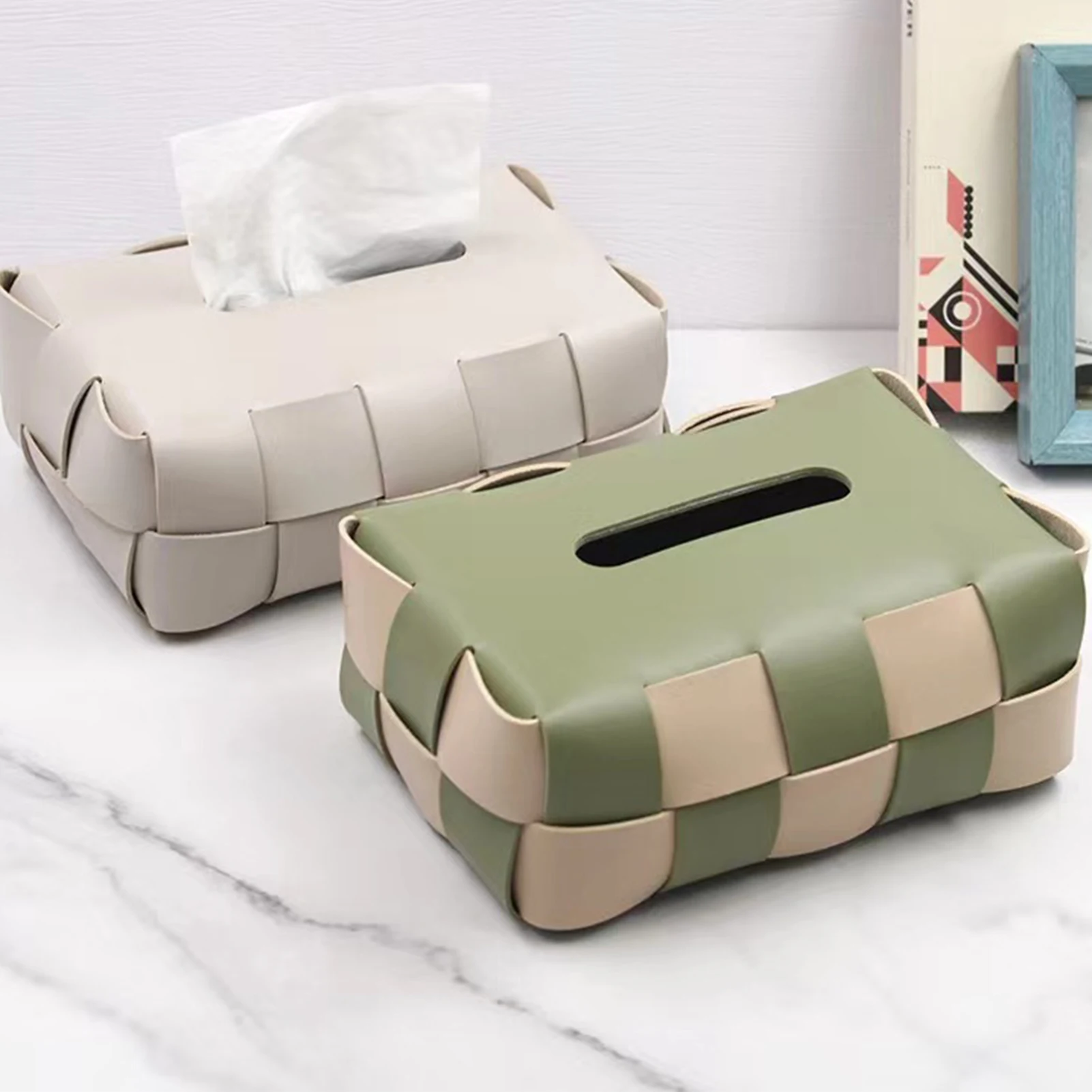 

Creative Woven Tissue Storage Box Waterproof PU Leather Tissue Organizer Durable Toilet Paper Holder Home Storage Tool JS22