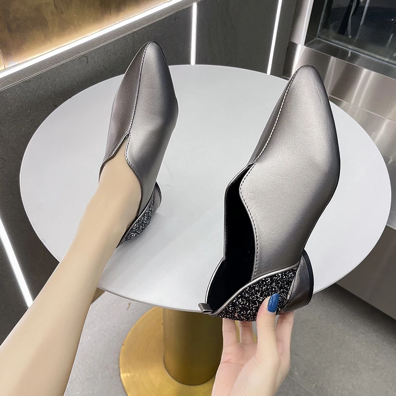 

Spring Shoes Woman Mid Heels 2022 Women Pumps Pointed Toe Office Lady Work Shoe Thick Heel Sequince Soft PU LEATHER Black Silver