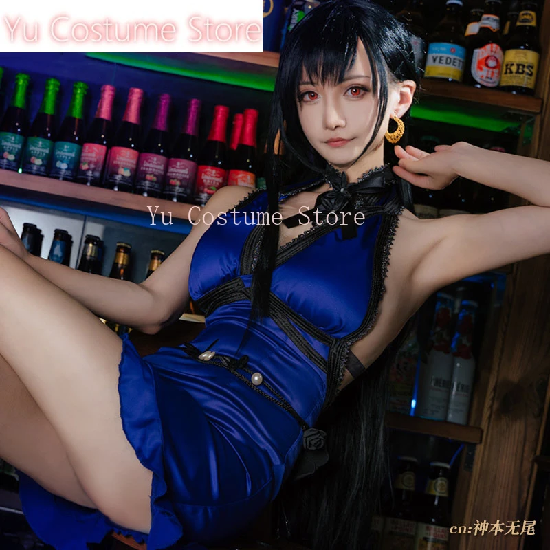 Аниме! Final Fantasy 7 костюм Тифа Локхарт синее платье сексуальная униформа