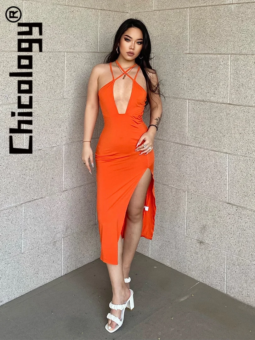 

Chicology 2022 Women Deep V-Neck Halter Strap Side Slit Backless Solid Midi Dress Sexy Party Cub Vacation Summer Y2K Clothing
