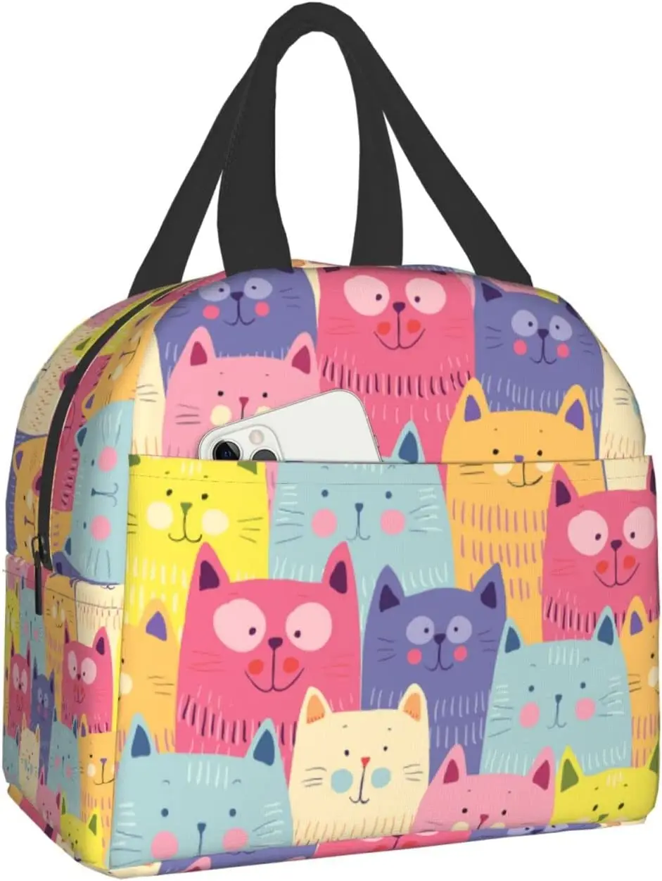 

Красочные милые сумки для ланча с принтом кошки для женщин, Портативная сумка-холодильник, большая многоразовая Изолированная коробка для ланча