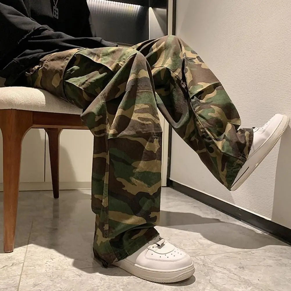 

Men Cargo Pants Camouflage Drawstring Elastic Waist Wide Leg Pants Autumn Vintage Jogging Trousers Male Clothing Streetwear