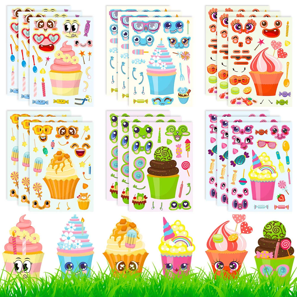 

6Sheets Ice Cream Cake Make-a-face Puzzles Education Stickers DIY Waterproof Wall Decoration Guitar Notebook Pencil Case Decals