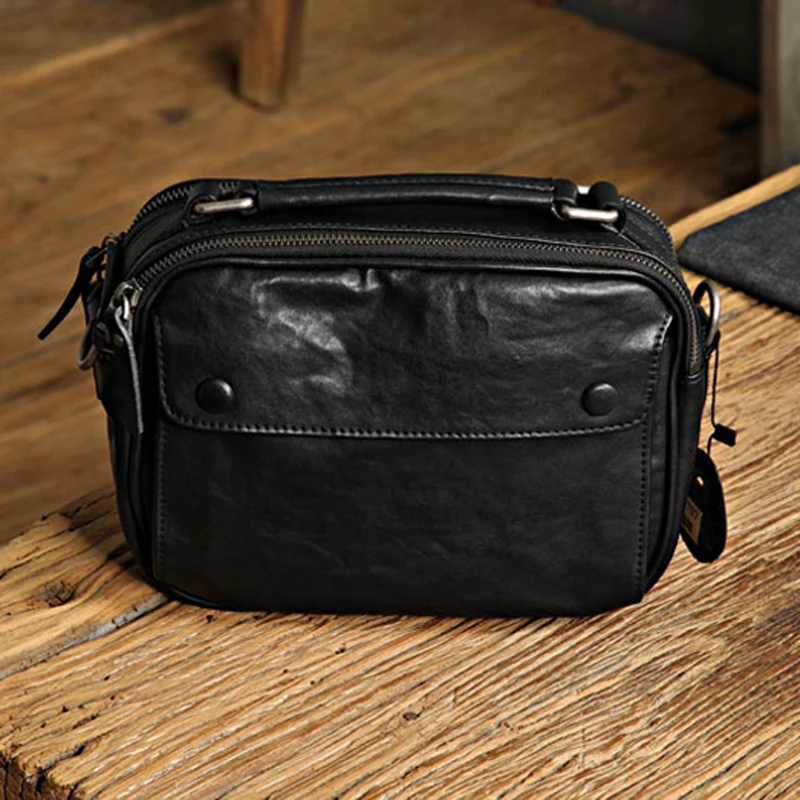 AETOO  Simple men's bag leather messenger bag chest bag first layer cowhide small shoulder bag multi-compartment horizontal hand