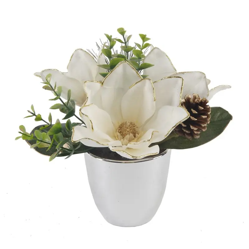 

8.5" Artificial Plastic Magnolias with Gold Trim in Silver Planter