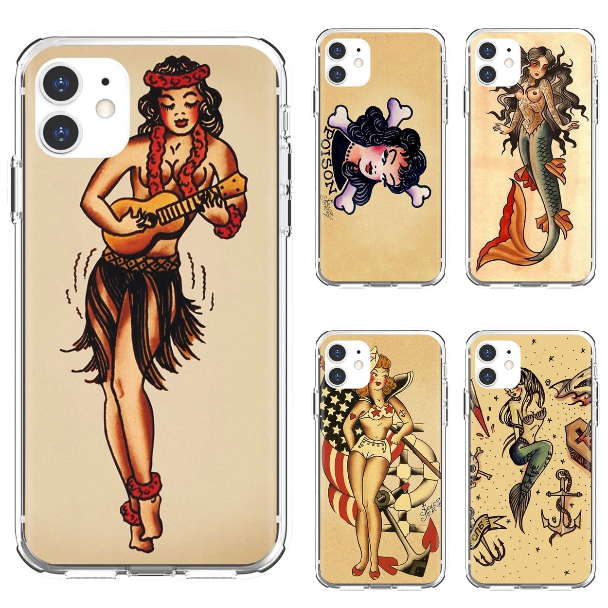 

For iPhone 10 11 12 13 Mini Pro 4S 5S SE 5C 6 6S 7 8 X XR XS Plus Max 2020 TPU Skin Cover Sailor Jerry Tattoo Mermaid Girl