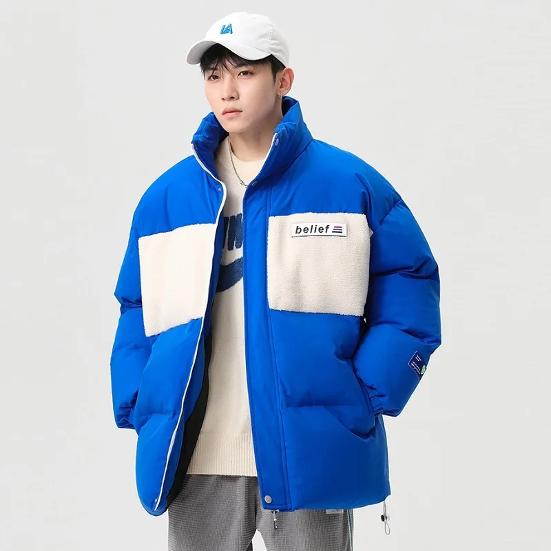 Mens Fashion Thickened Stand Collar Color Contrast Warm Winter Coat  Loose Casual Coats Outdoor High Collar Sports jackets