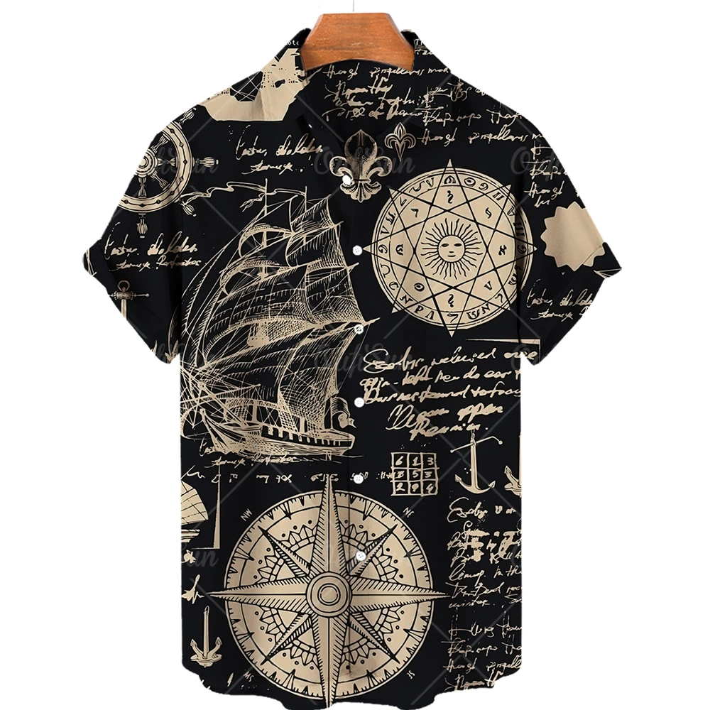 

New Unisex Retro Mens Hawaiian Shirt Plus Size Shirt Sailboat Compass Marine 3d Print Retro Men&#39s Shirt Loose Short Sleeve