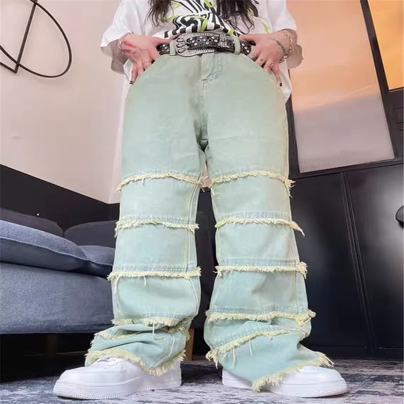 2022 new American retro jeans mopping the floor drape men and women ins tide loose straight light color trousers summer