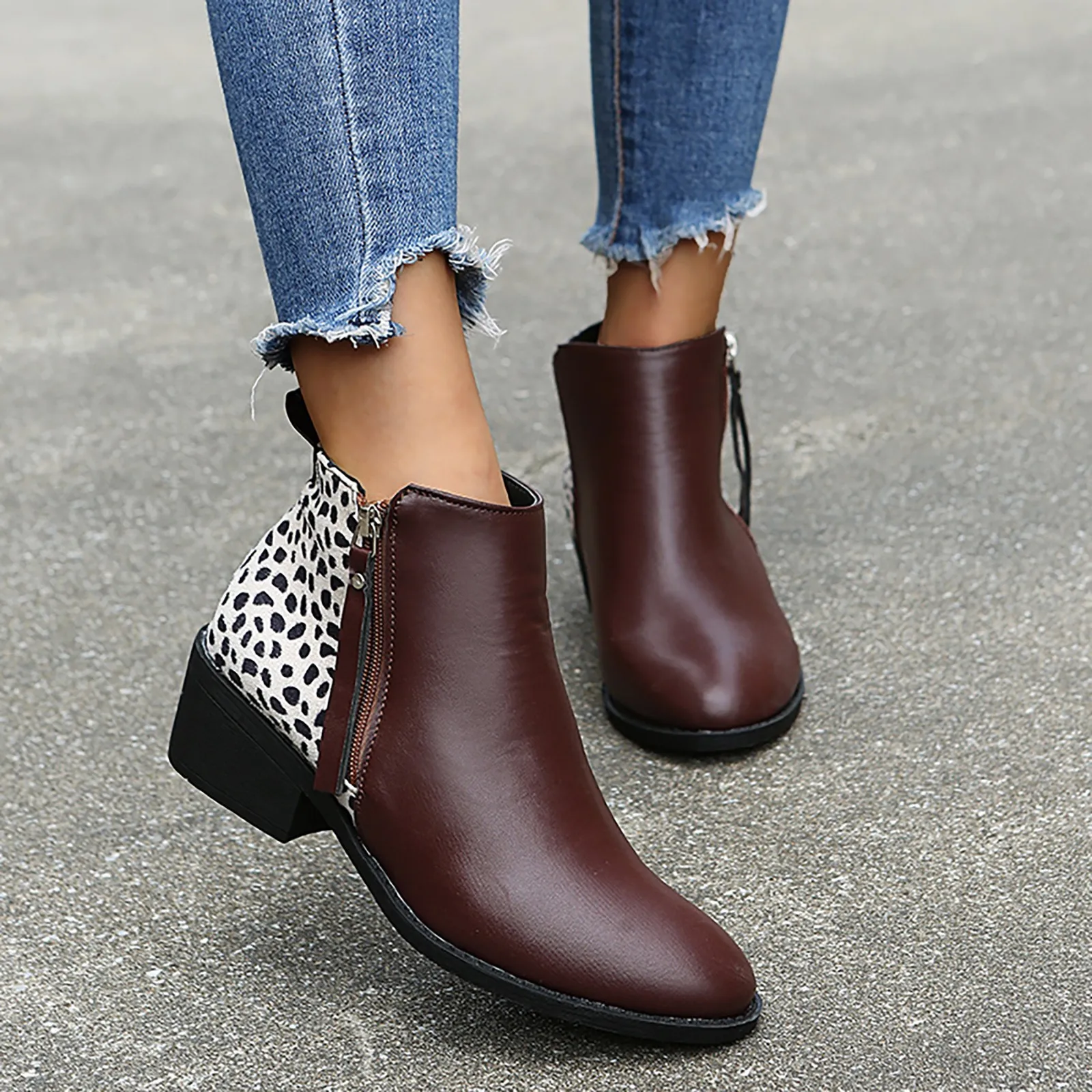 

2022 Fashion Ankle Boots Winter Boots Women Pu Leather Snake Print Square Heels Shoes Vintage Round Toe Casual Bottine Femme