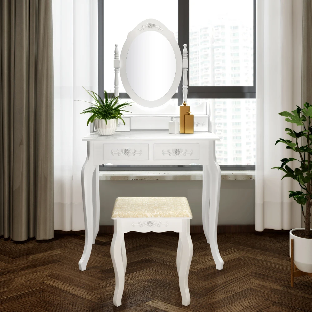 

Набор для макияжа, туалетный столик для макияжа, современный компактный, с 4 выдвижными ящиками, вращение на 360 градусов, съемное зеркало, туалетный столик, белый