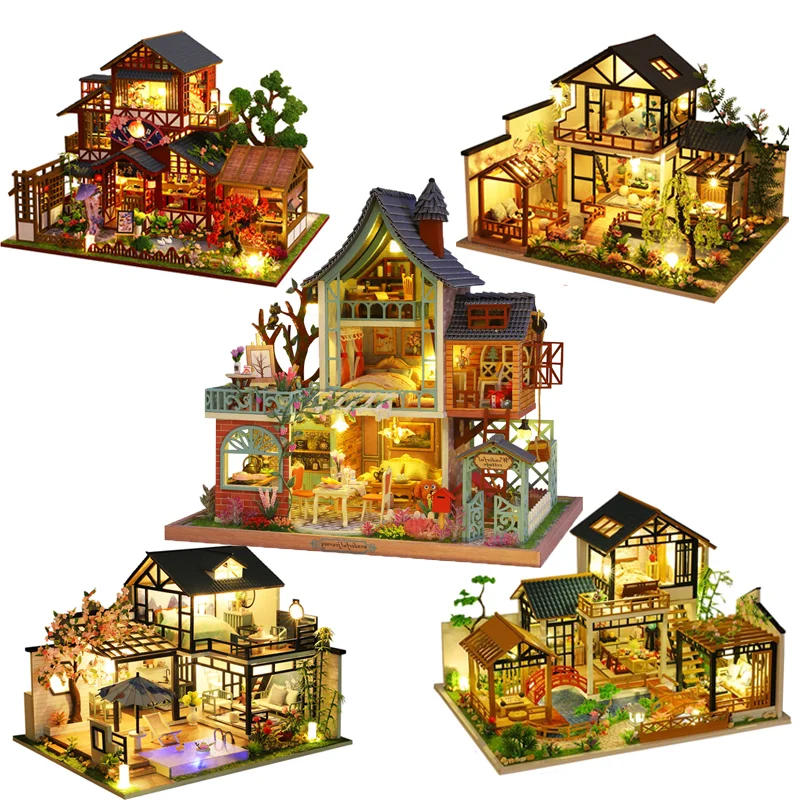 

DIY Wooden DollHouses Japanese Model Miniature Building Kits With Dollhouse Furniture Light Villa Toys For Friends Birthday Gift