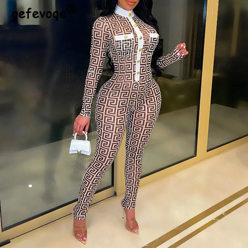 

Kim Kardashian Style Luxury Plaid Printed Bodycon Jumpsuit Women Long Sleeve Pockets Skinny Club Party Playsuit Overalls Rompers