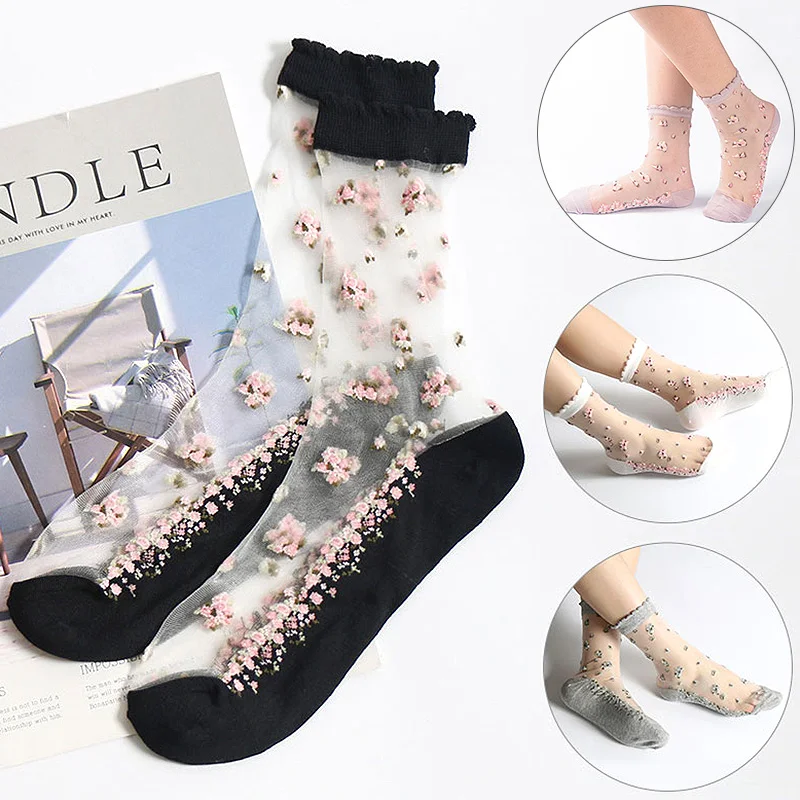 1 Pair Roses Female Ultra Thin Summer Breathable Transparent Sock Socks Lace Crystal Elastic 5 Colors