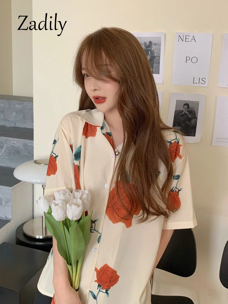 

Zadily Office Lady Short Sleeve Floral Print Shirt Women Fashion Loose Button Blouse 2022 Summer New Work Female Clothing Tops
