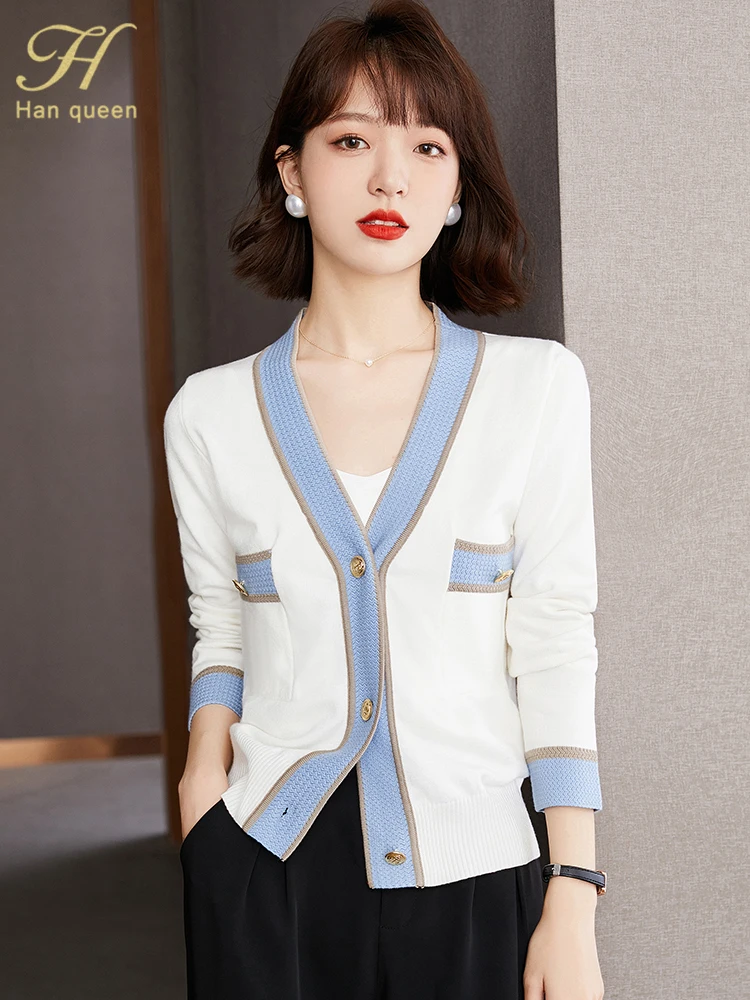 

Женский трикотажный кардиган H Han Queen, повседневный базовый свитер с длинным рукавом и V-образным вырезом, корейский стиль, 2023