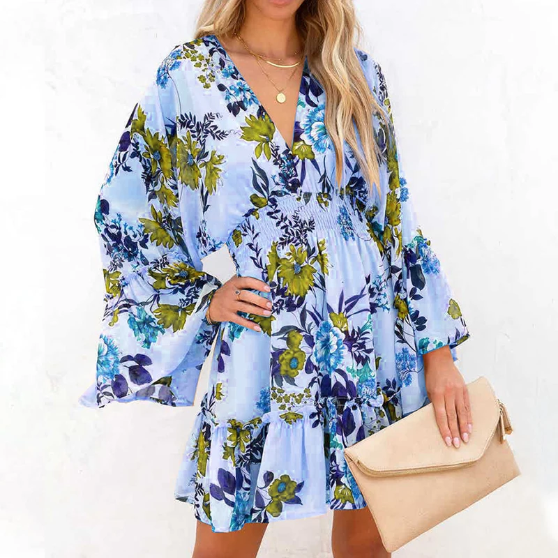 

Spring Autumn Casual Party Dress Women's V-Neck Flared Sleeve High Waist A-line Dress Fashion Floral Printed Ruffle Beach Dress