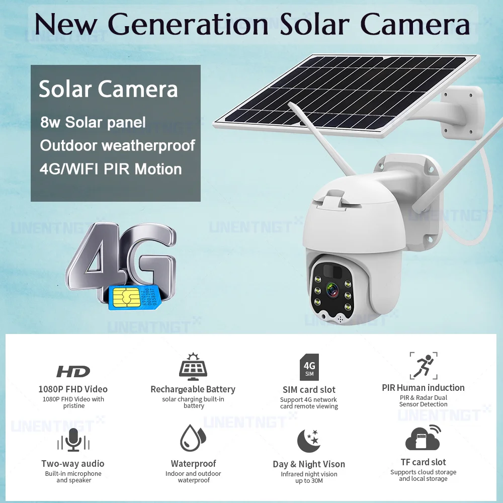 UNENTNGT 4G Solar Camera 3MP 8W Panel PTZ Outdoor Two Way Audio Power Battery Long Standby IP |